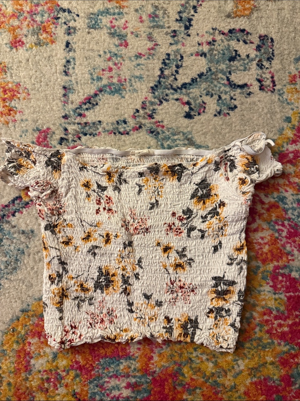 Garage White Smocked Crop Top with Yellow and Black Floral Print